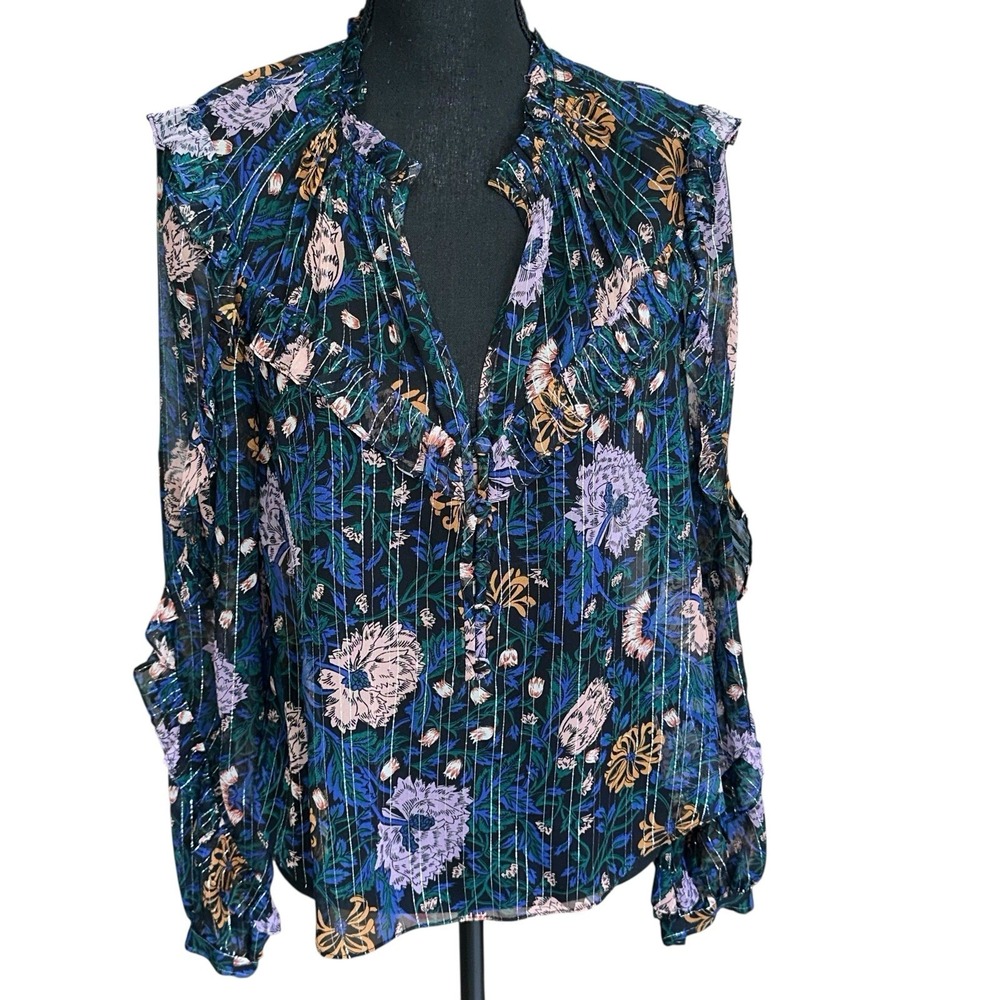 Veronica Beard Abra Lurex Silk Floral Blouse Size 8 Long Sleeve Sheer